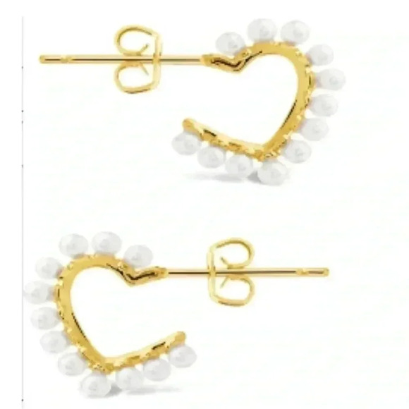 Sterling Forever Gold Plated Pearl Heart Hoop Earrings - Picture 1 of 6